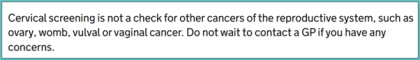 The new wording for the cervical screening leaflet in England that states it does not detect ovarian cancer