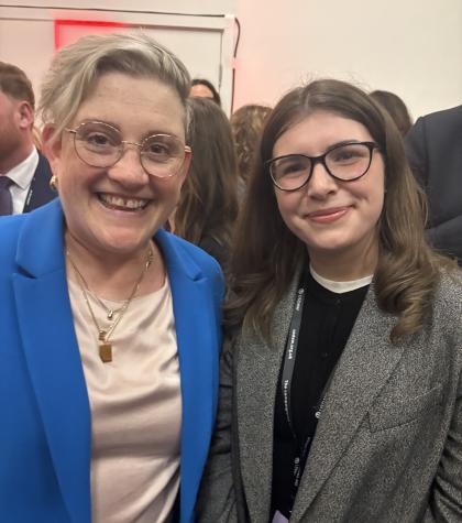 A photo of Ashley Dalton MP and Jess Potter from Target Ovarian Cancer both standing together smiling at the Labour Party Conference