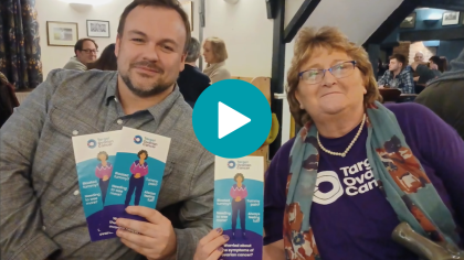 Campaigner Diane with Terry Jermy MP, holding Target Ovarian Cancer symptoms materials.